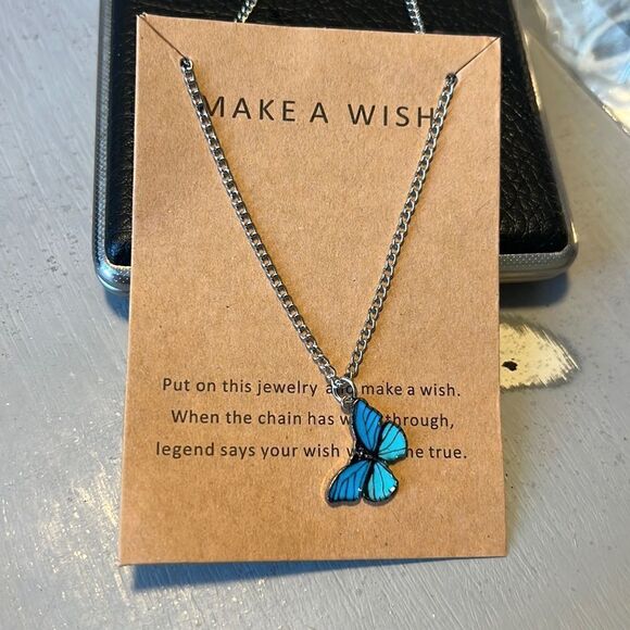 Light Blue + Silver Butterfly Make a Wish Necklace - Picture 1 of 2